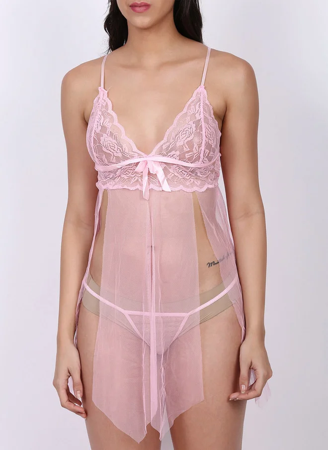 Laceandme Laceandme Women Pink Self Design Sheer Baby Dolls